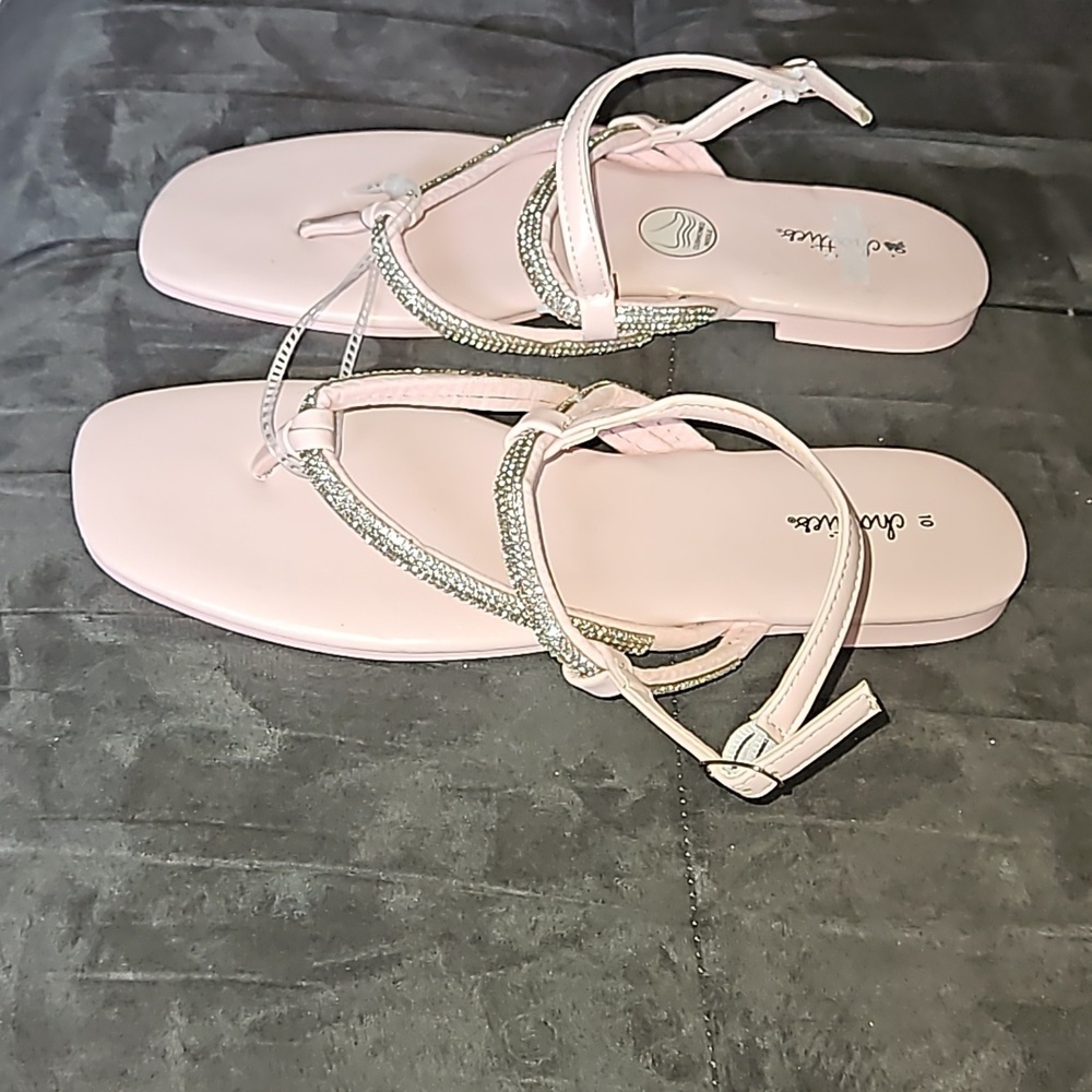 Chatties Light Pink Silver Rhinestone Adjustable Strap Open Toe Thong Sandal 10 - Picture 4 of 7